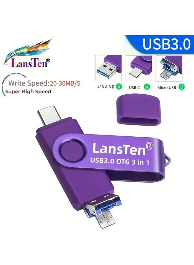 LansTen 128GB 3 In 1 OTG High Speed Flash Drive Type C Micro USB USB 3 0 Memory Stick - Image 1